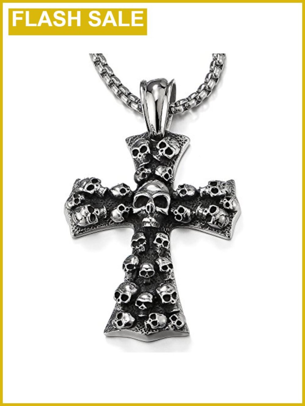 Mens Gothic Skulls Cross Pendant Necklace Stainless Steel Wheat Chain
